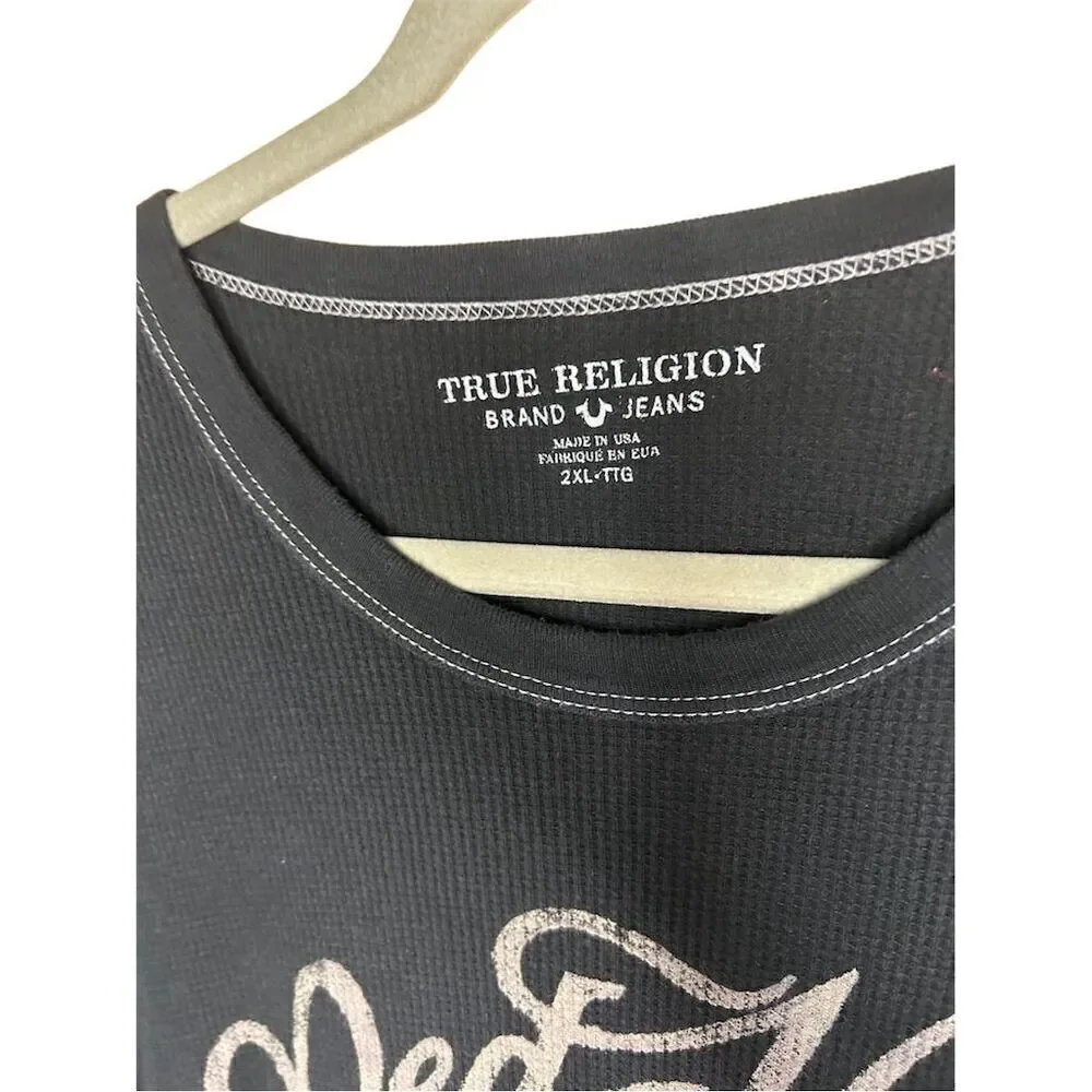 True Religion Men's 2XL Black Thermal Long Sleeve Graphic T-Shirt Boxing Theme